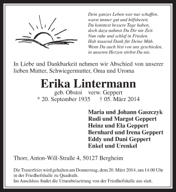 Anzeige von Erika Lintermann von  Werbepost 