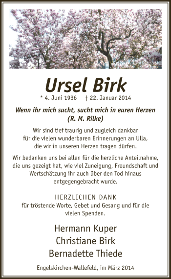 Anzeige von Ursel Birk von  Anzeigen Echo 