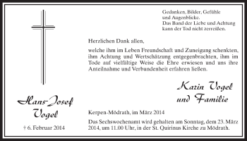 Anzeige von Hans Josef Vogel von  Sonntags-Post 