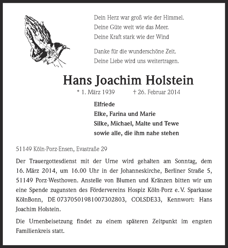  Traueranzeige für Hans Joachim Holstein vom 12.03.2014 aus  Kölner Wochenspiegel 