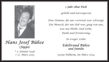 Anzeige von Hans Josef Bühse von  Wochenende 