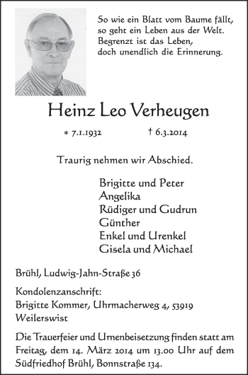 Anzeige von Heinz Leo Verheugen von  Schlossbote/Werbekurier 
