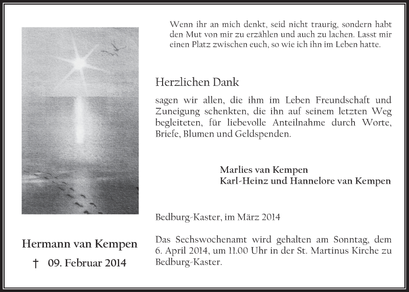  Traueranzeige für Hermann van Kempen vom 26.03.2014 aus  Werbepost 