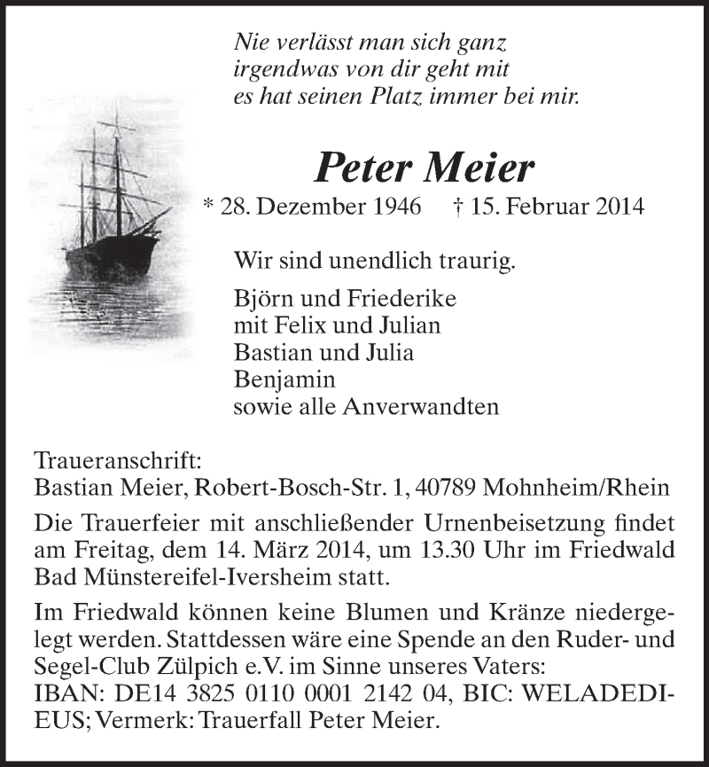  Traueranzeige für Peter Meier vom 12.03.2014 aus  Schaufenster/Blickpunkt 