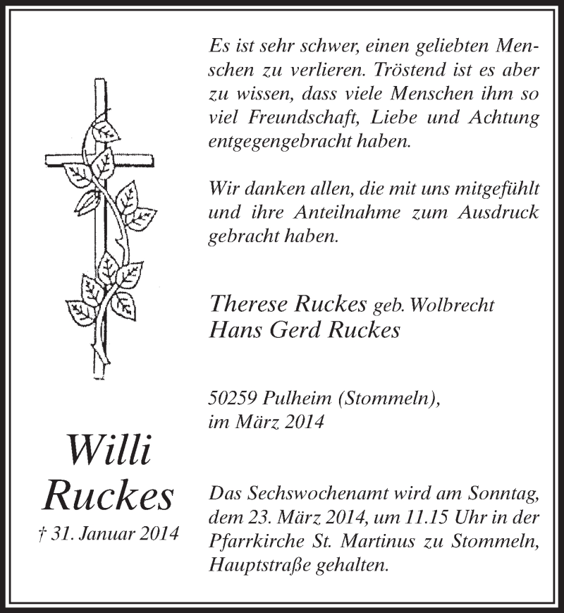  Traueranzeige für Willi Ruckes vom 15.03.2014 aus  Sonntags-Post 