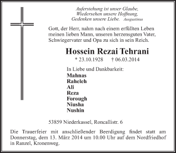 Anzeige von Hossein Rezai Tehrani von  Kölner Wochenspiegel  Extra Blatt 