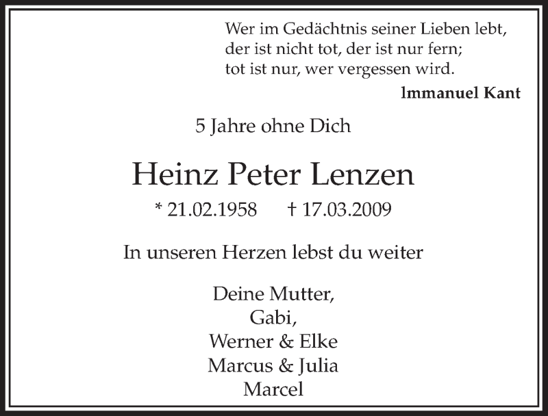  Traueranzeige für Heinz Peter Lenzen vom 15.03.2014 aus  Sonntags-Post 