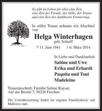 Anzeige von Helga Winterhagen von  Wochenende 