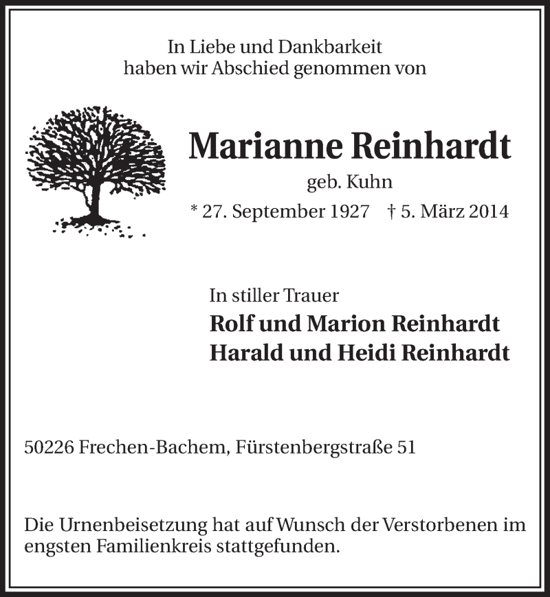  Traueranzeige für Marianne Reinhardt vom 15.03.2014 aus  Sonntags-Post 