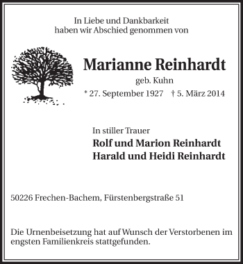Anzeige von Marianne Reinhardt von  Sonntags-Post 