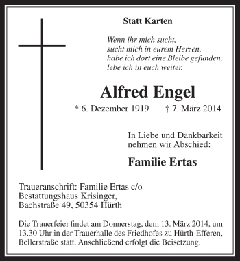 Anzeige von Alfred Engel von  Wochenende 
