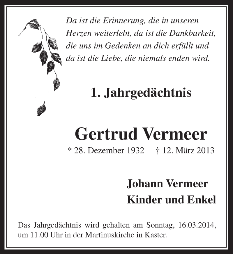 Traueranzeige für Gertrud Vermeer vom 12.03.2014 aus  Werbepost 