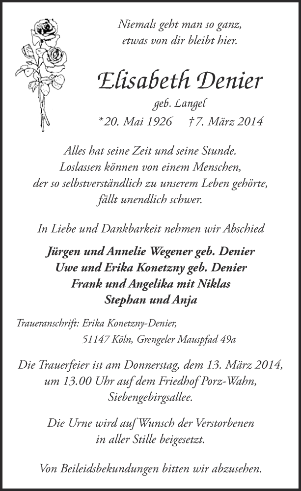  Traueranzeige für Elisabeth Denier vom 12.03.2014 aus  Kölner Wochenspiegel 