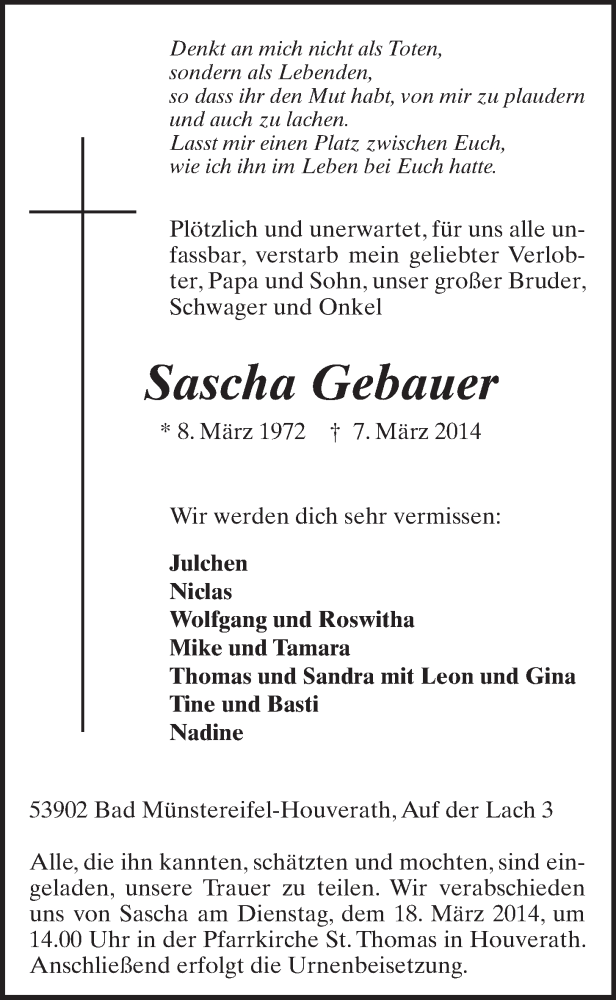  Traueranzeige für Sascha Gebauer vom 12.03.2014 aus  Schaufenster/Blickpunkt 