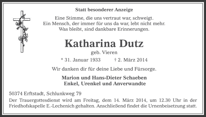  Traueranzeige für Katharina Dutz vom 12.03.2014 aus  Werbepost 
