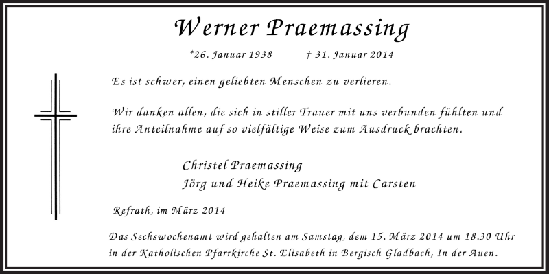  Traueranzeige für Werner Praemassing vom 12.03.2014 aus  Bergisches Handelsblatt 