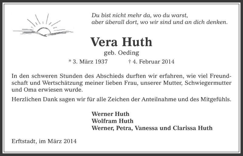  Traueranzeige für Vera Huth vom 12.03.2014 aus  Werbepost 
