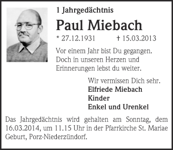 Anzeige von Paul Miebach von  Kölner Wochenspiegel 