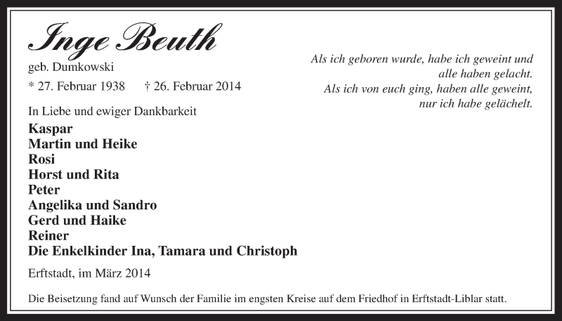  Traueranzeige für Inge Beuth vom 12.03.2014 aus  Werbepost 