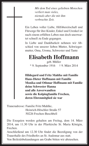 Anzeige von Elisabeth Hoffmann von  Wochenende 