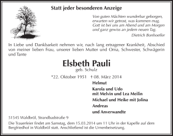 Anzeige von Elsbeth Pauli von  Lokalanzeiger 