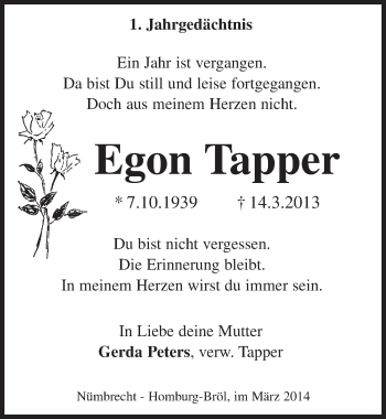 Anzeige von Egon Tapper von  Lokalanzeiger 