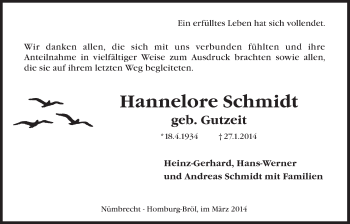 Anzeige von Hannelore Schmidt von  Lokalanzeiger 