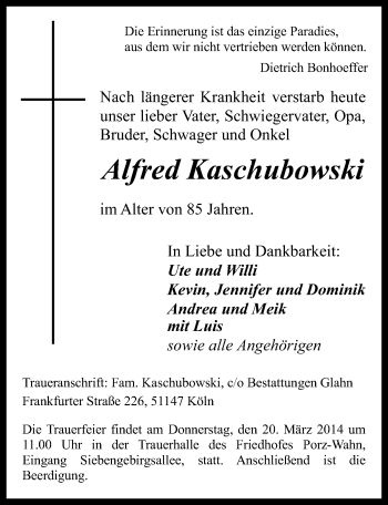 Anzeige von Alfred Kaschubowski von  Kölner Wochenspiegel 