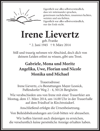 Anzeige von Irene Lievertz von  Sonntags-Post 
