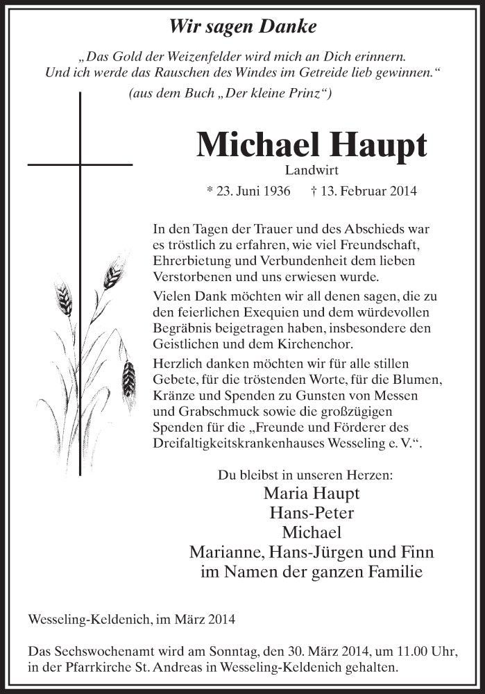  Traueranzeige für Michael Haupt vom 19.03.2014 aus  Schaufenster/Blickpunkt  Schlossbote/Werbekurier 