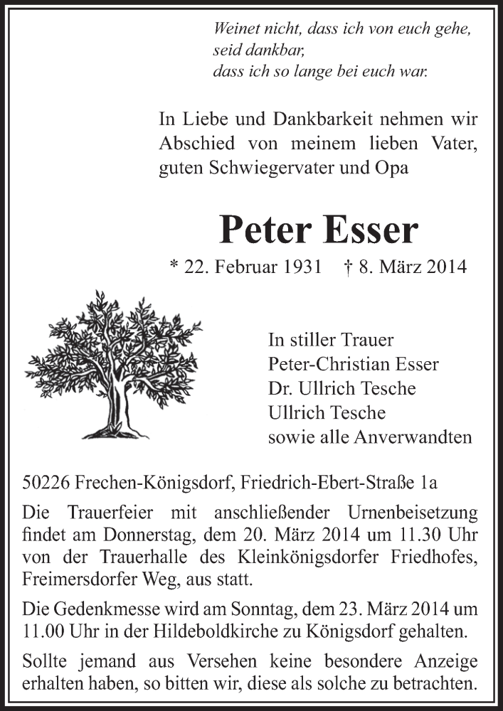 Traueranzeige für Peter Esser vom 15.03.2014 aus  Sonntags-Post 