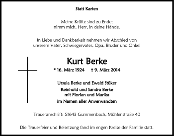 Anzeige von Kurt Berke von  Anzeigen Echo 