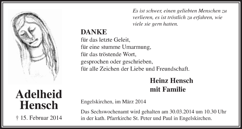  Traueranzeige für Adelheid Hensch vom 19.03.2014 aus  Anzeigen Echo 