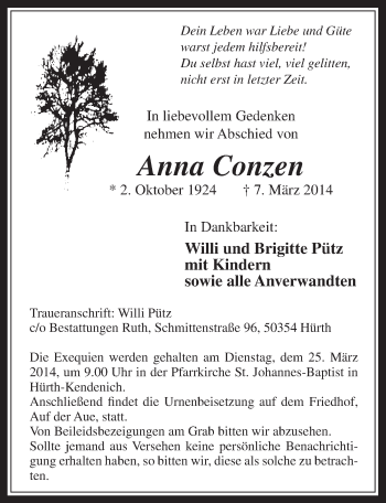 Anzeige von Anna Conzen von  Wochenende 