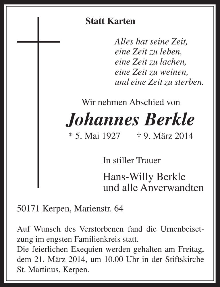  Traueranzeige für Johannes Berkle vom 19.03.2014 aus  Werbepost 