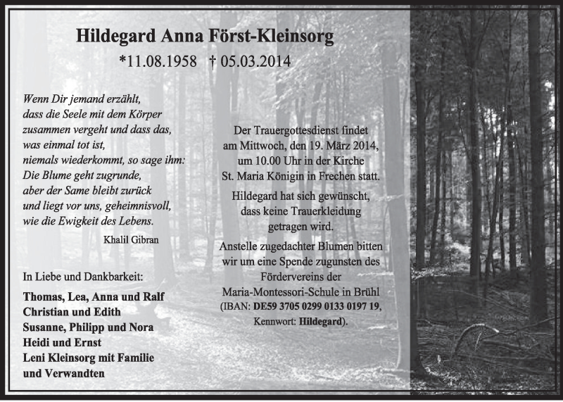  Traueranzeige für Hildegard Anna Först-Kleinsorg vom 15.03.2014 aus  Sonntags-Post 