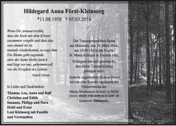Anzeige von Hildegard Anna Först-Kleinsorg von  Sonntags-Post 