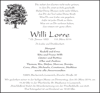 Anzeige von Willi Lorre von  Blickpunkt Euskirchen 