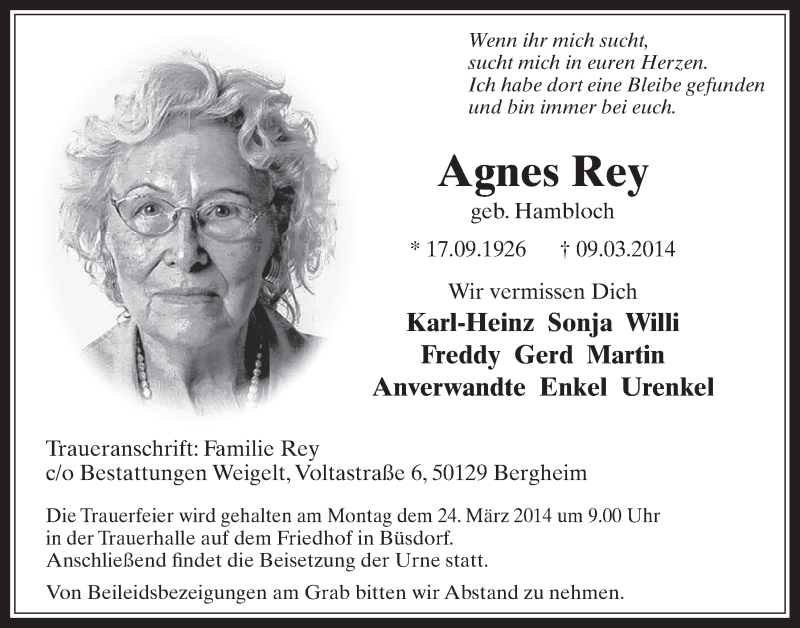  Traueranzeige für Agnes Rey vom 19.03.2014 aus  Werbepost 