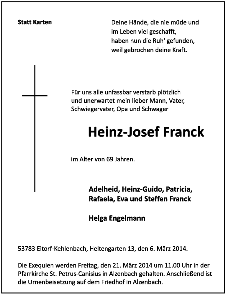  Traueranzeige für Heinz-Josef Franck vom 19.03.2014 aus  Extra Blatt 