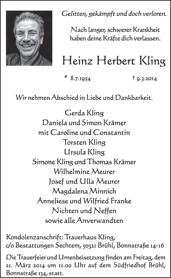 Anzeige von Heinz Herbert Kling von  Schlossbote/Werbekurier 