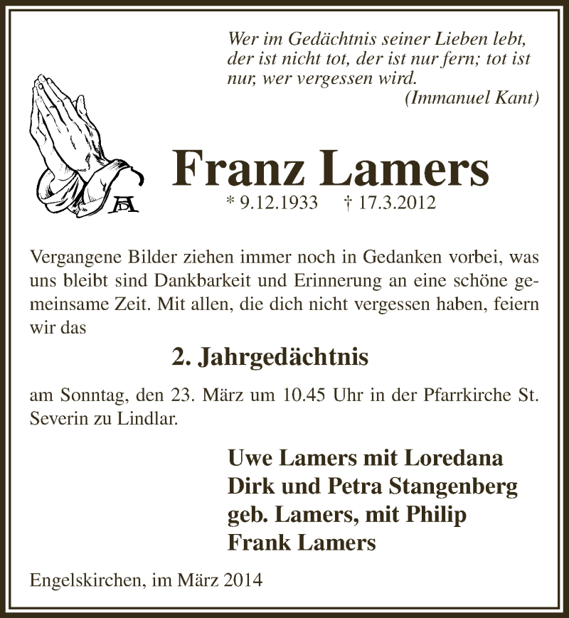  Traueranzeige für Franz Lamers vom 19.03.2014 aus  Anzeigen Echo 