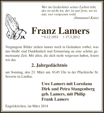 Anzeige von Franz Lamers von  Anzeigen Echo 