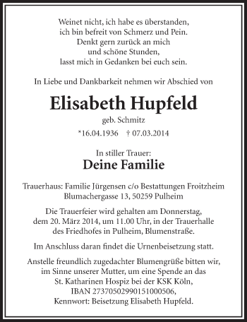 Anzeige von Elisabeth Hupfeld von  Sonntags-Post 