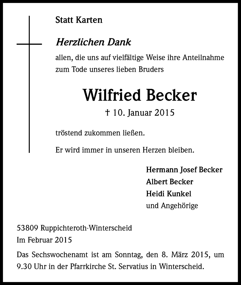  Traueranzeige für Wilfried Becker vom 14.02.2015 aus Kölner Stadt-Anzeiger / Kölnische Rundschau / Express