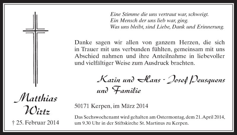  Traueranzeige für Matthias Wirtz vom 09.04.2014 aus  Werbepost 