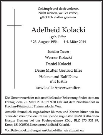 Anzeige von Adelheid Kolacki von  Sonntags-Post 