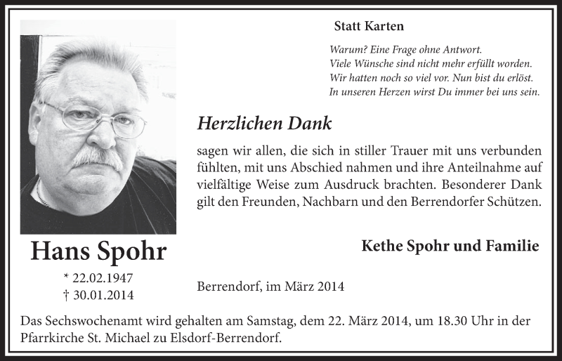  Traueranzeige für Hans Spohr vom 15.03.2014 aus  Sonntags-Post 