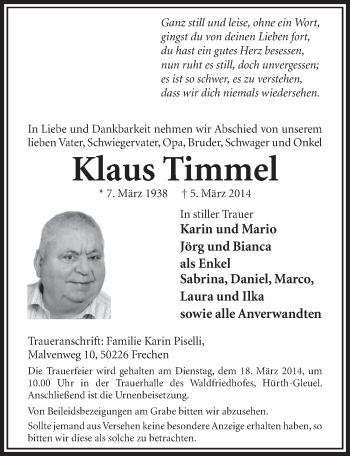 Anzeige von Klaus Timmel von  Sonntags-Post 