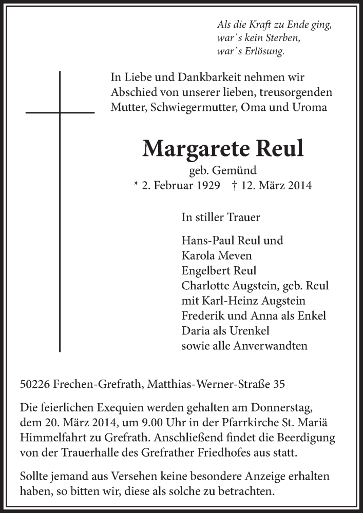  Traueranzeige für Margarete Reul vom 15.03.2014 aus  Sonntags-Post 